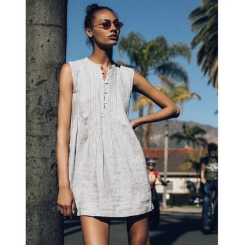 Faherty Isha Washed Linen Dress in Mini Blue Stripe